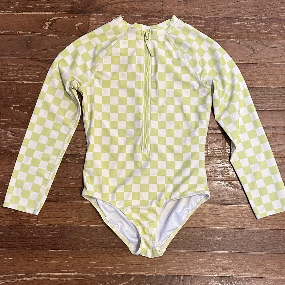 Old Navy Girls Lime Green and White Checker Long-Sleeve One-Piece Swimsuit